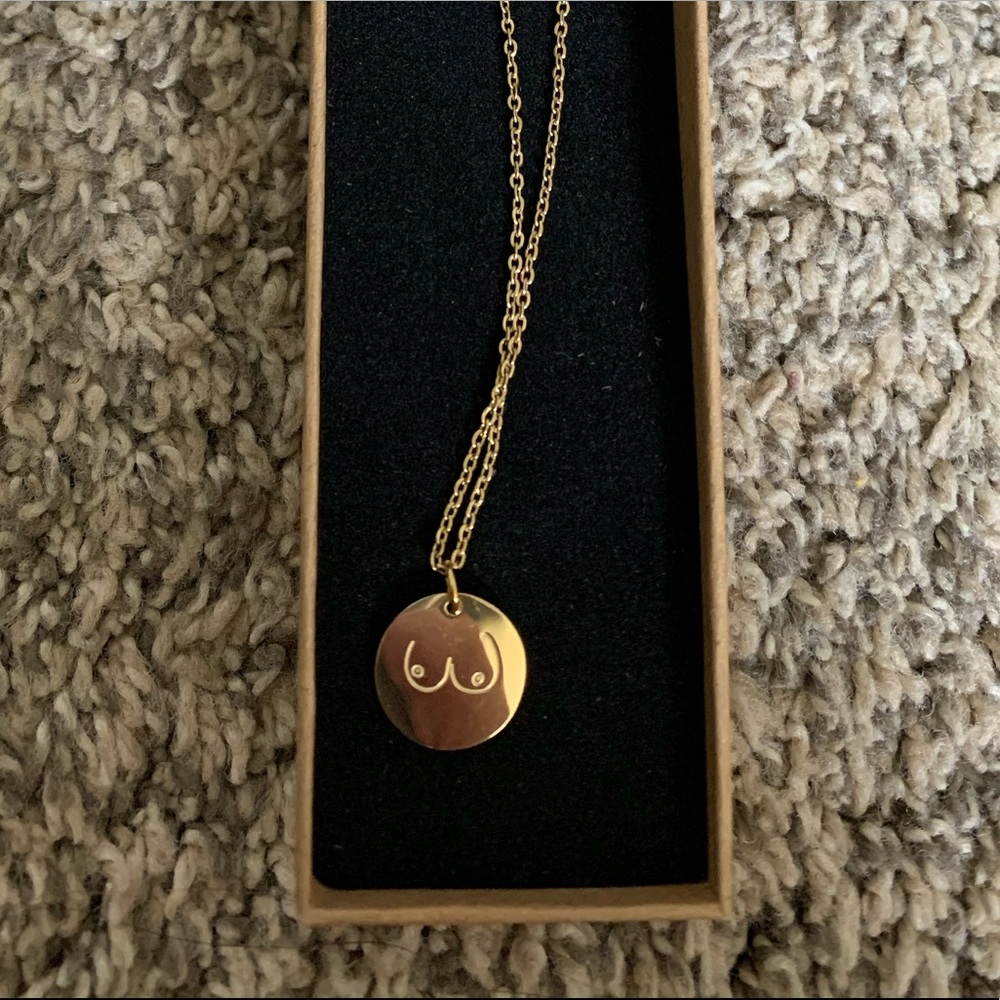 Latched Mama Boobies and Hearts Stainless Steel Gold-Colored Necklace NWT